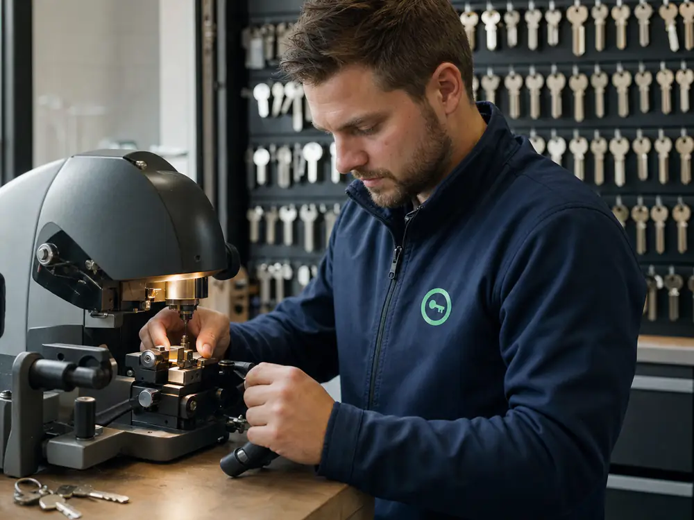 Sleutelmaker maakt een nieuwe sleutel bij op de sleutelmachine in de werkplaats
