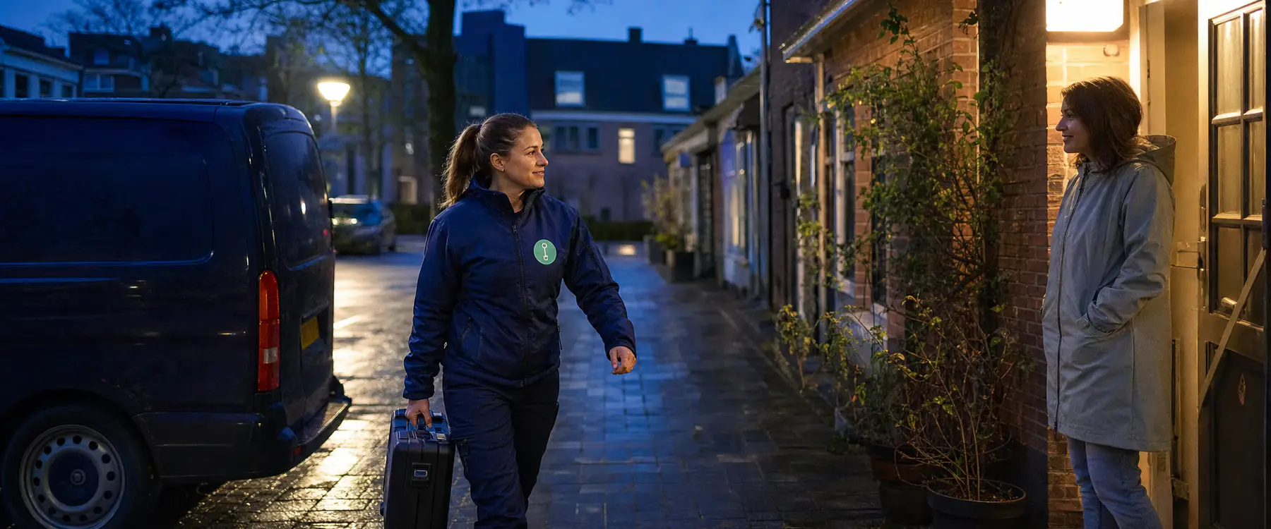 Slotenmaker loopt bij schemer met haar gereedschapskoffer van de bus naar een voordeur in Enschede