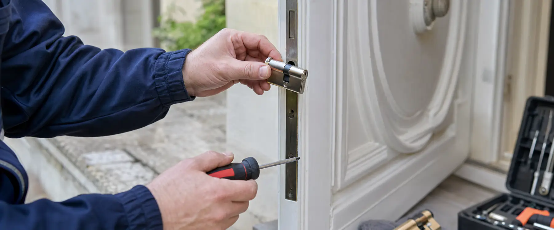 Een nieuwe veiligheidscilinder wordt in het slot van een witte voordeur gemonteerd