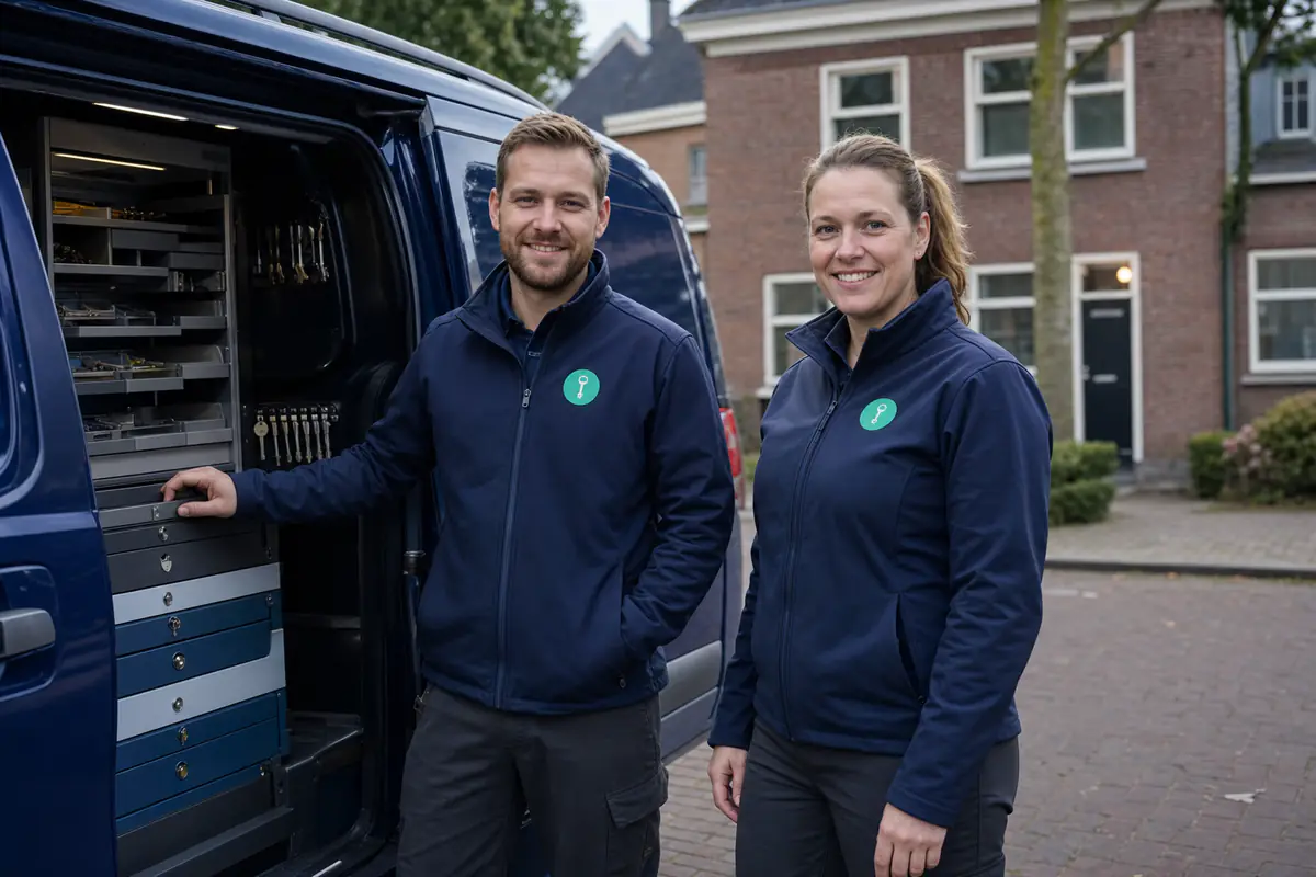 Twee slotenmakers van De Slotenmaker van Enschede bij de servicebus